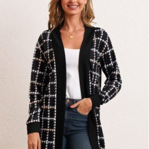 Houndstooth Print Long Sleeve Open Front Cardigan