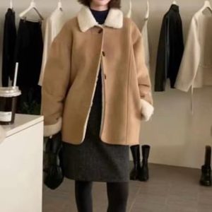 Long-Sleeve Fleece Trim Woolen Coat