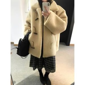 Long-Sleeve Plain Fluffy Toggle Coat