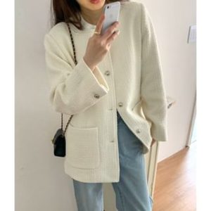 Round Neck Button-Up Tweed Coat