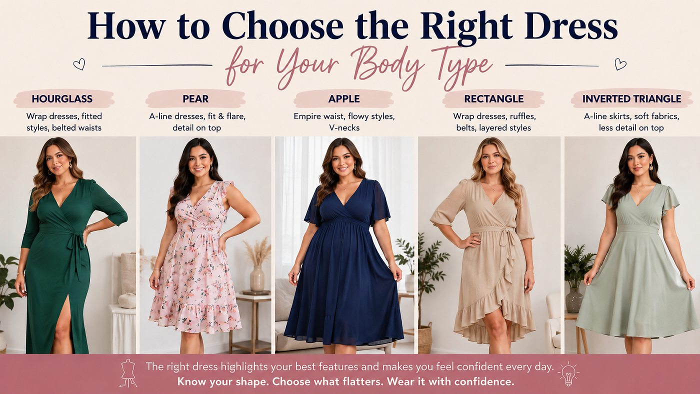 women wearing flattering dresses for different body types