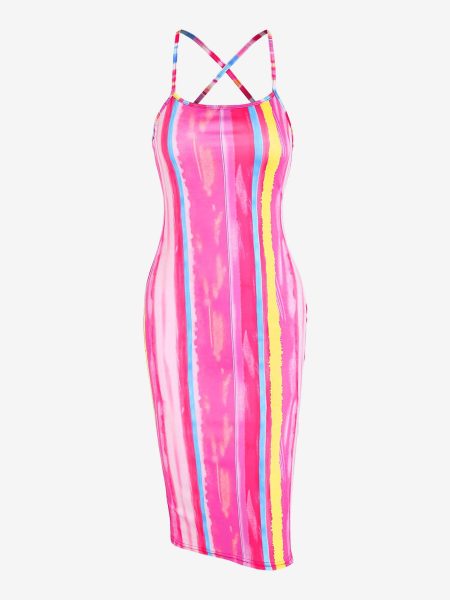 Mini Dress Striped Tie Dye Criss Cross Bodycon Dress S Light pink