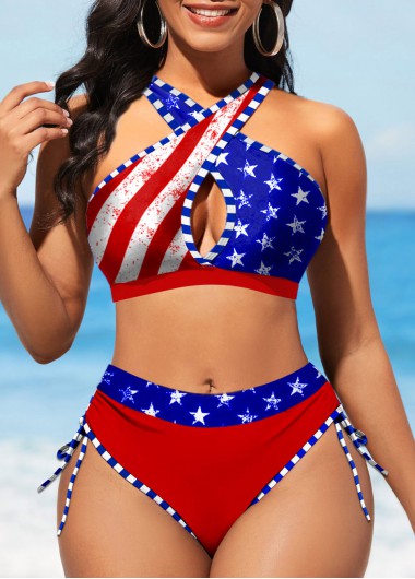 ROTITA American Flag Print Drawstring Color Block Bikini Set