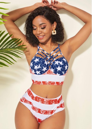 ROTITA High Waisted Cross Strap American Flag Print Bikini Set
