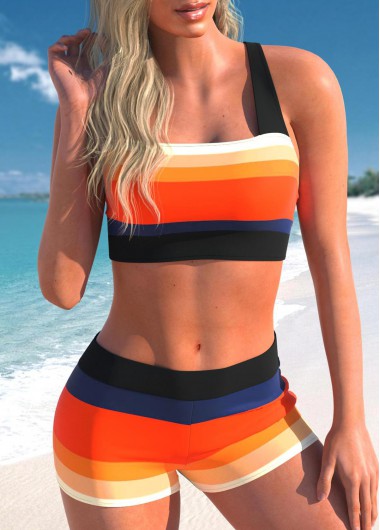 ROTITA Stripe Print Cross Strap Multi Color Bikini Set