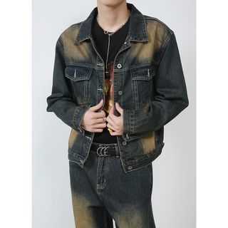 Washed Button-Up Denim Jacket / Mid Rise Washed Wide Leg Jeans