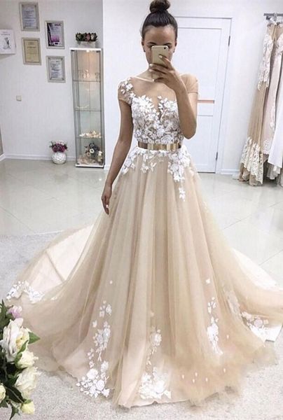 2018 champagne evening dresses wear boat neck short sleeves 3d floral appliques lace a line sweep train long plus size prom party gowns