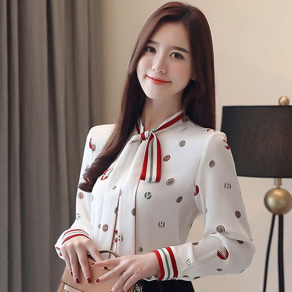 2019 spring blouse women fashion chiffon white blouse slim elegant bow shirts polka dot long sleeve button shirt blusa t200321