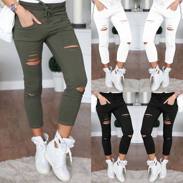 2020 skinny jeans women denim pants holes destroyed knee pencil pants casual trousers black white stretch ripped jeans
