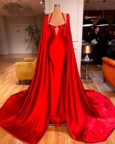 2021 red satin evening dresses for women beaded high split mermaid prom party gowns long wrap formal robe de soirée