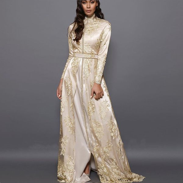 2022 moroccan caftan lace evening dresses a line long sleeve high neck special occasion prom party gowns arabic dubai muslim elegant floor l