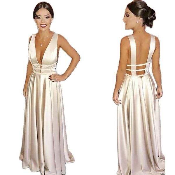2022 simple evening dresses deep v-neck satin prom long backless fashion gowns custom made robe de soiree