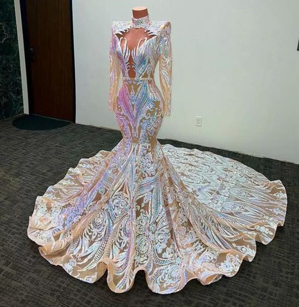 2022 sparkly sequined mermaid evening dresses wear long sleeves african sequins appliqued high neck illusion robe de bal blanche fishtail sw
