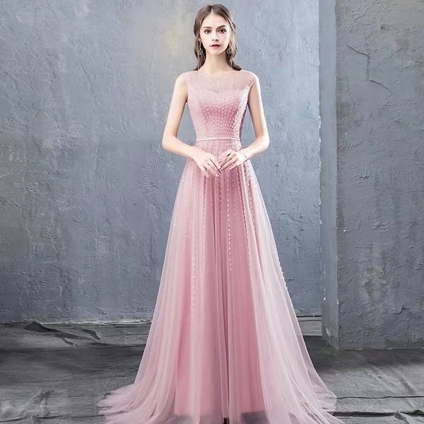 2023 pink beaded evening dresses crystal elegant beads pearls sweep train prom dress plus size cocktail party wear real picture formal gowns