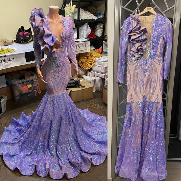 2023 sparkling evening dresses lilac lavender sequins mermaid prom dress v neck ruffles party gowns long sleeves shiny lace robe de soiree v