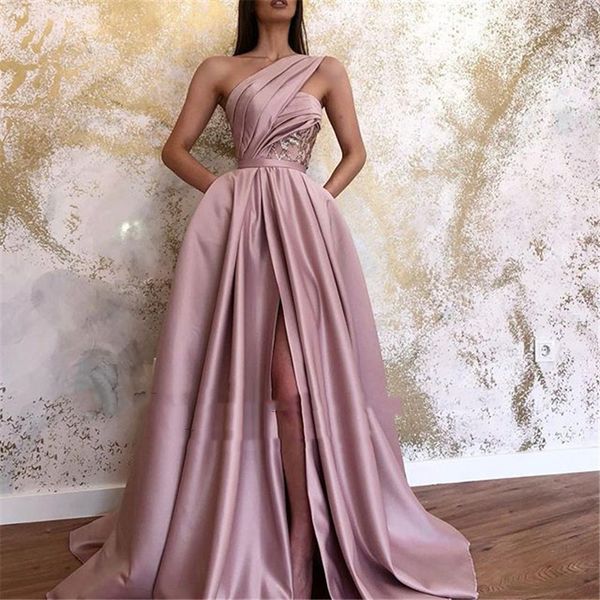 arabic one shoulder dusty pink evening dresses with pockets 2023 long satin a line pleats slit corset prom gowns formal party dress back lac