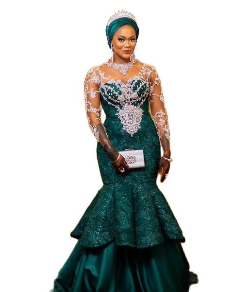 aso ebi mermaid evening dresses long green lace appliques african prom sheer long sleeve arabic formal party gowns plus