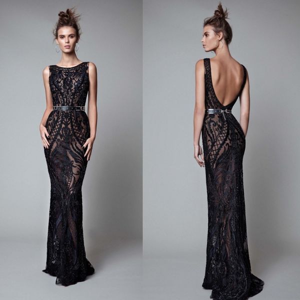 backless prom evening dresses black full lace mermaid party gowns floor length formal dress with belt custom made
