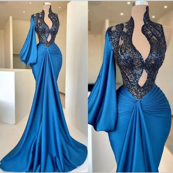 blue lace stain mermaid evening dresses deep v-neck arabic aso ebi long sleeves prom gown bridesmaid formal dress