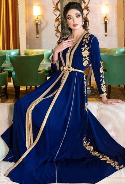 chic moroccan caftan blue evening dresses long sleeves embroidery lace floral appliques muslim evening dress kaftan arabic prom pa262i