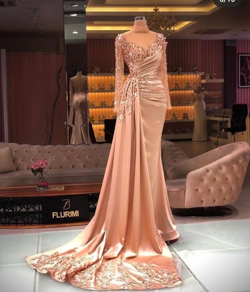 elegant beaded mermaid evening dresses for women long sleeves pleats satin peplum formal party gowns prom special occasion wear