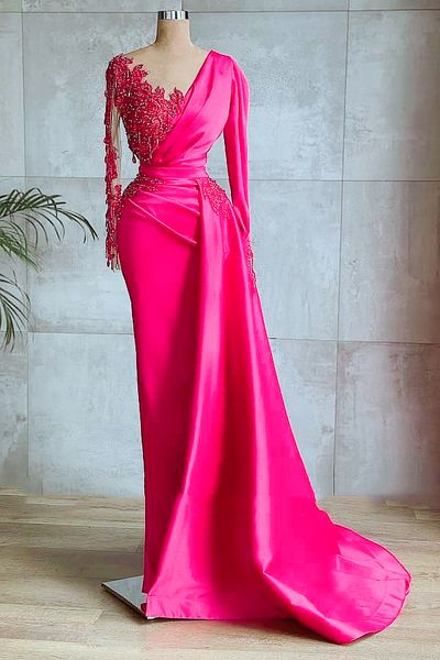 elegant rose red sheath evening dresses v-neck long sleeves lace applique crystals beading long satin formal party gowns peplum chic arabic