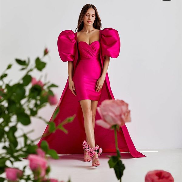 elegant short fuchsia taffeta evening dresses with puff sleeves sheath sweetheart middle east above knee length formal party dress for women