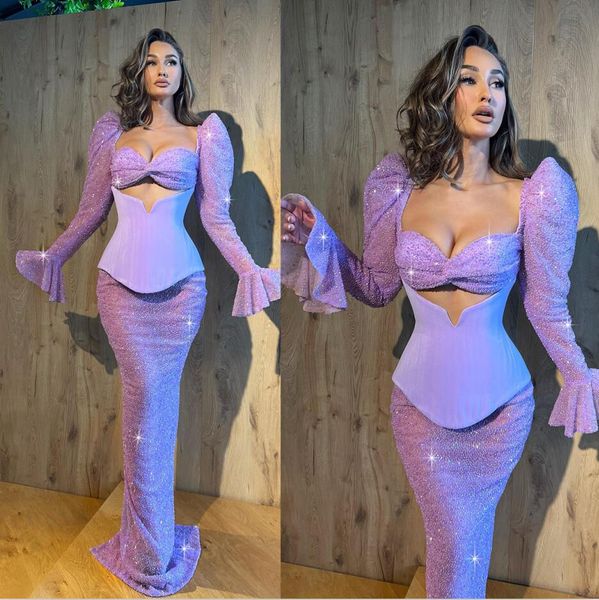 glamorous purple evening dress mermaid sequined prom gowns bling long sleeve party dresses custom made