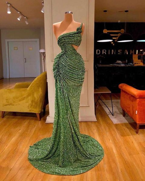 glitter mermaid evening dresses sequins lace one shoulder sweep train formal party gowns custom made long prom dress
