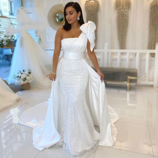 glitter white sequined evening dresses with detachable train one shoulder bow mermaid prom gown women bride long reception wear 2023
