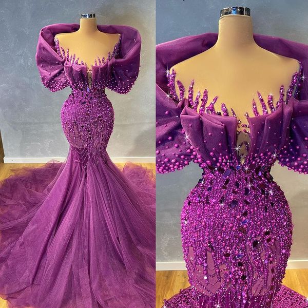 graceful purple mermaid evening dresses v neck pearls prom dress elegant lace beading tulle formal party gowns