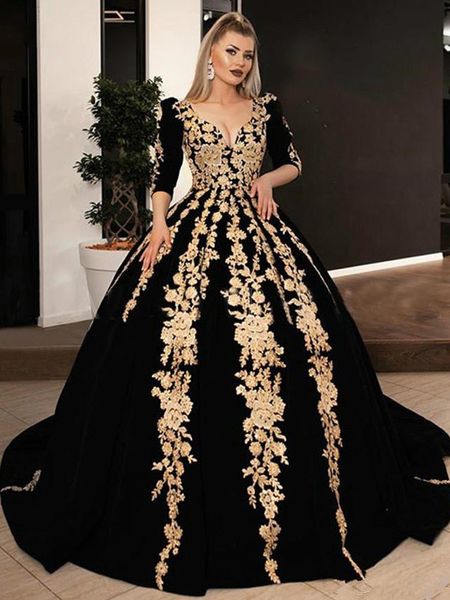 kaftan black velvet formal evening dresses v-neck half sleeve gold lace applique beaded caftan arabic dubai winter prom gowns