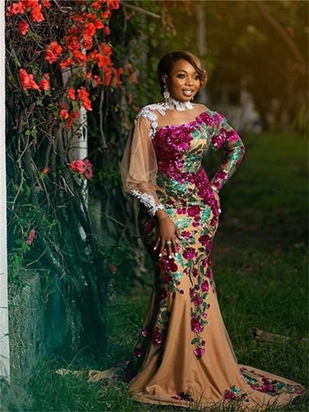 long sleeve aso ebi mermaid evening dresses african sequin flowers gillter african prom occasion gown high neck robe de soree