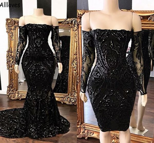 plus size black lace mermaid evening dresses off the shoulder long sleeves formal prom party gowns arabic aso ebi second reception ceremony