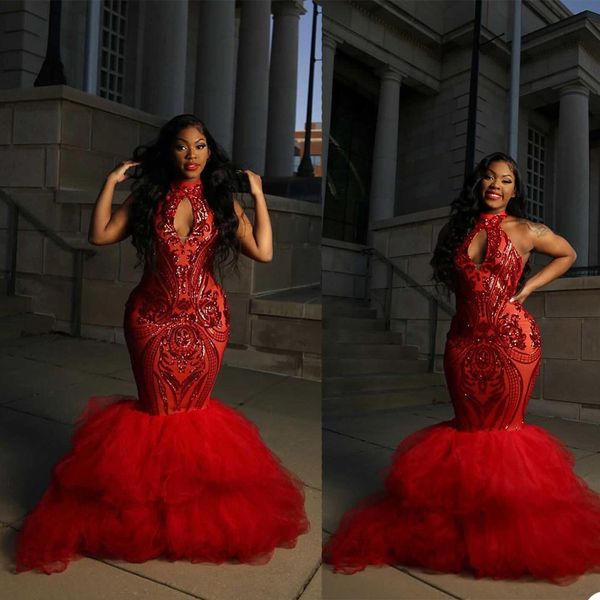plus size red evening dress high neck sequins appliques sleeveless mermaid prom gowns tiered skirts floor length formal dresses