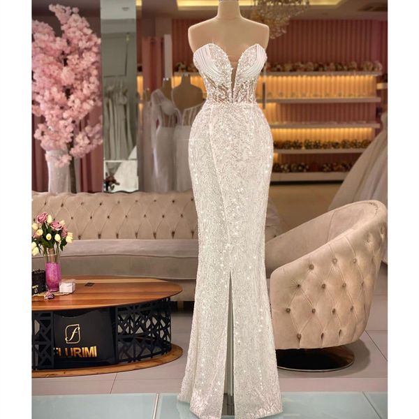 shiny new arrival evening dresses v neck strapless sleeveless lace floor length beaded pearls lace side slit sequins appliques prom dress fo