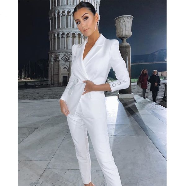 simple white women blazer evening dresses suits v neck double breasted formal office outfit lady pants suit 2 pieces prom party gowns (jacke