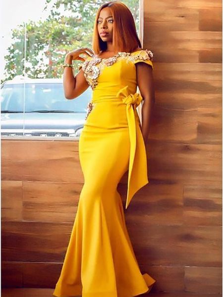 simples yellow satin mermaid evening dresses appliques hand made flowers bow prom dresses african women formal evening gowns custom made