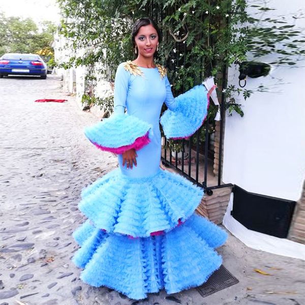 sky blue mermaid evening dresses saudi arabia trumpet long sleeves ruffles tiered trajes de flamenca prom dresses robe de soiree