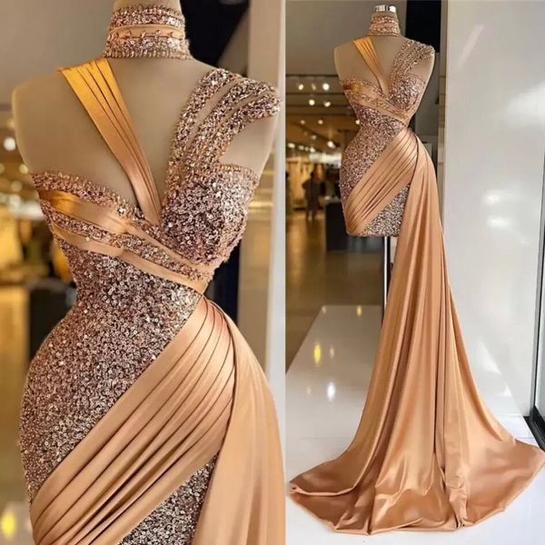 sparkle gold mermaid evening dresses with over skirt sequin pleat short prom gowns high collar ladies vestido de novia