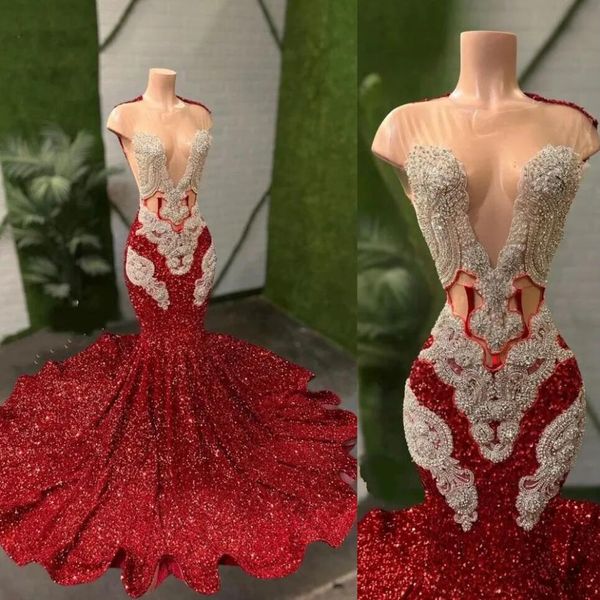 sparkly mermaid evening dresses 2023 gillter dark red beaded sequins velvet african aso ebi prom occasion gown robe ceremoni femme