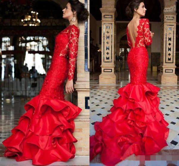tiered mermaid evening dresses 2019 long sleeves red lace ruffles skirt open back prom formal gowns
