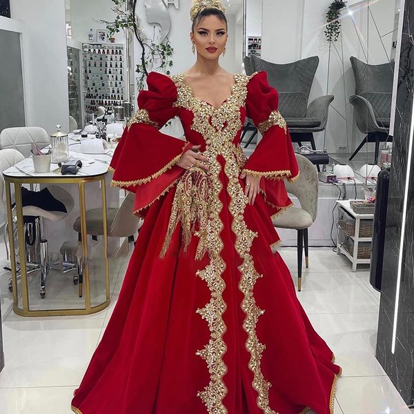 traditional kosovo albanian evening dress red a line long sleeve arabic abaya muslim prom dresses 2022 beaded gold applique formal gown robe