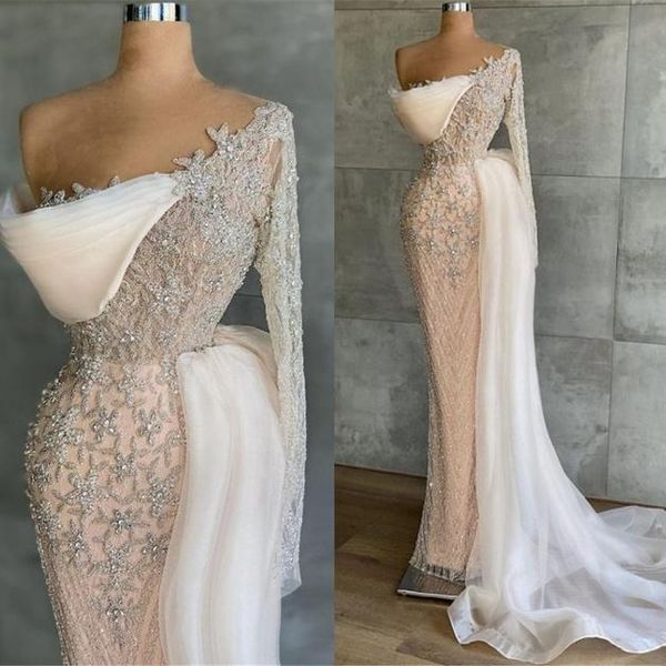2022 luxurious beadings mermaid evening dresses arabic dubai one shoulder illusion long sleeve with detachable skirt long party prom occasio