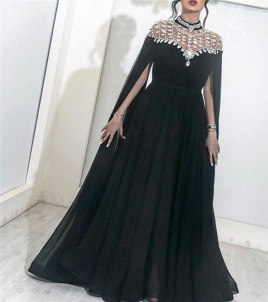 2023 crystal beaded black evening dresses high neck capped long sleeve arabic dubai women celebrity party gowns a-line chiffon pleats formal