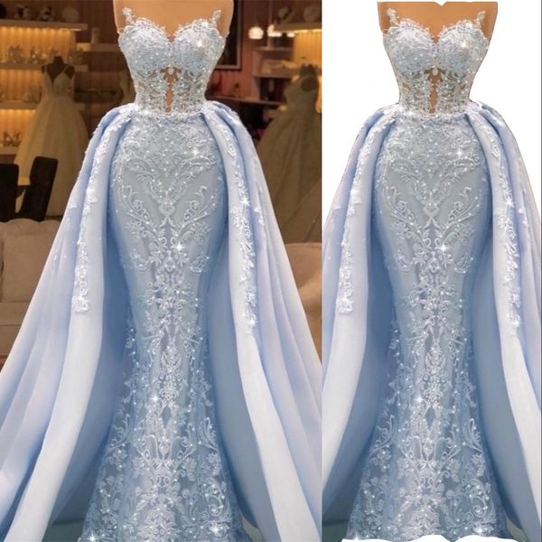 2024 light blue luxurious mermaid evening dresses sweetheart illusion full lace appliques crystal beaded long overskirts formal party dress