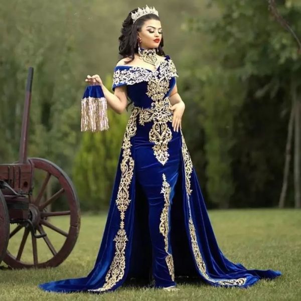 arabic dubai royal blue velvet evening dresses with detachable skirt lace appliques off shoulder short sleeve 3 piece formal occasion gowns