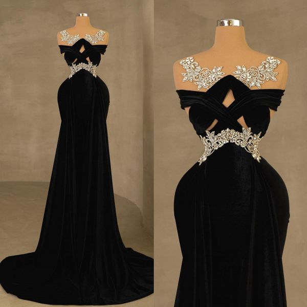 black mermaid velvet evening dresses crystals prom gowns sheer bateau neckline pleated sweep train formal dress