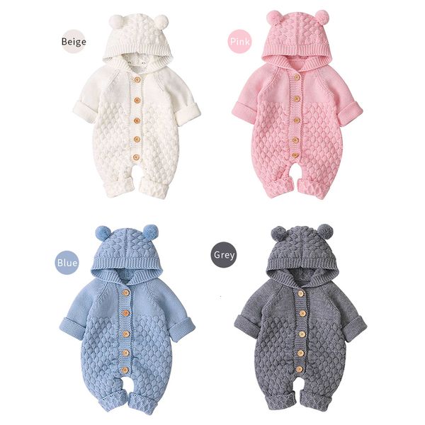 jumpsuits autumn winter born baby boys girls bear ear knit romper hooded sweater jumpsuit outfit 230228