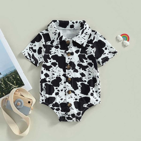 jumpsuits baby boy button up casual summer black and white denim pattern short sleeved jumpsuit suitable for newborn baby clothing g220606
